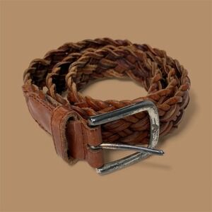 Fossil Y2K Vintage Men's Woven Leather Belt Silver Buckle Brown Braided Casual M